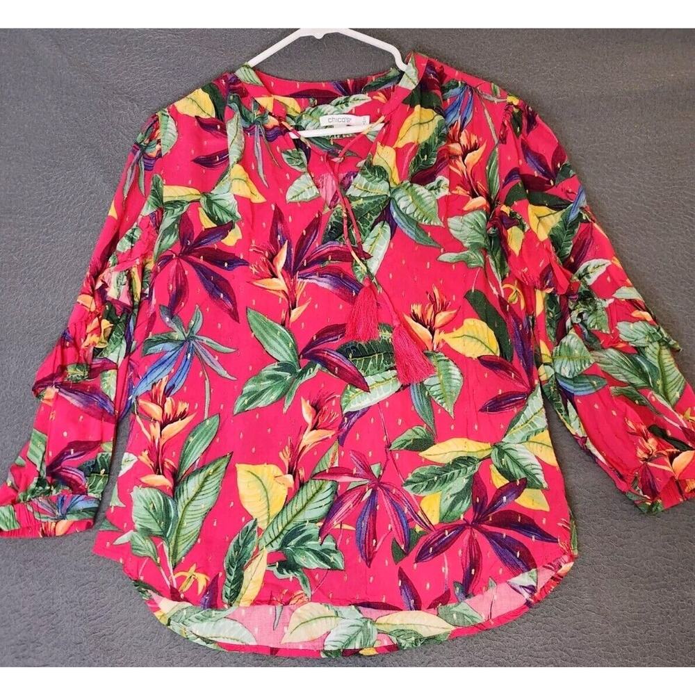 Chico's Rayon Tropical Floral Dot Ruffle‎ Blouse Sz 0 (S) Pink Tropical Tasseled